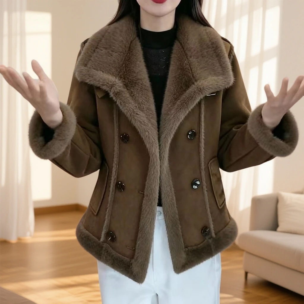 短款保暖女冬季宽松型立领短外套网红加厚女士百搭皮毛一体外套女