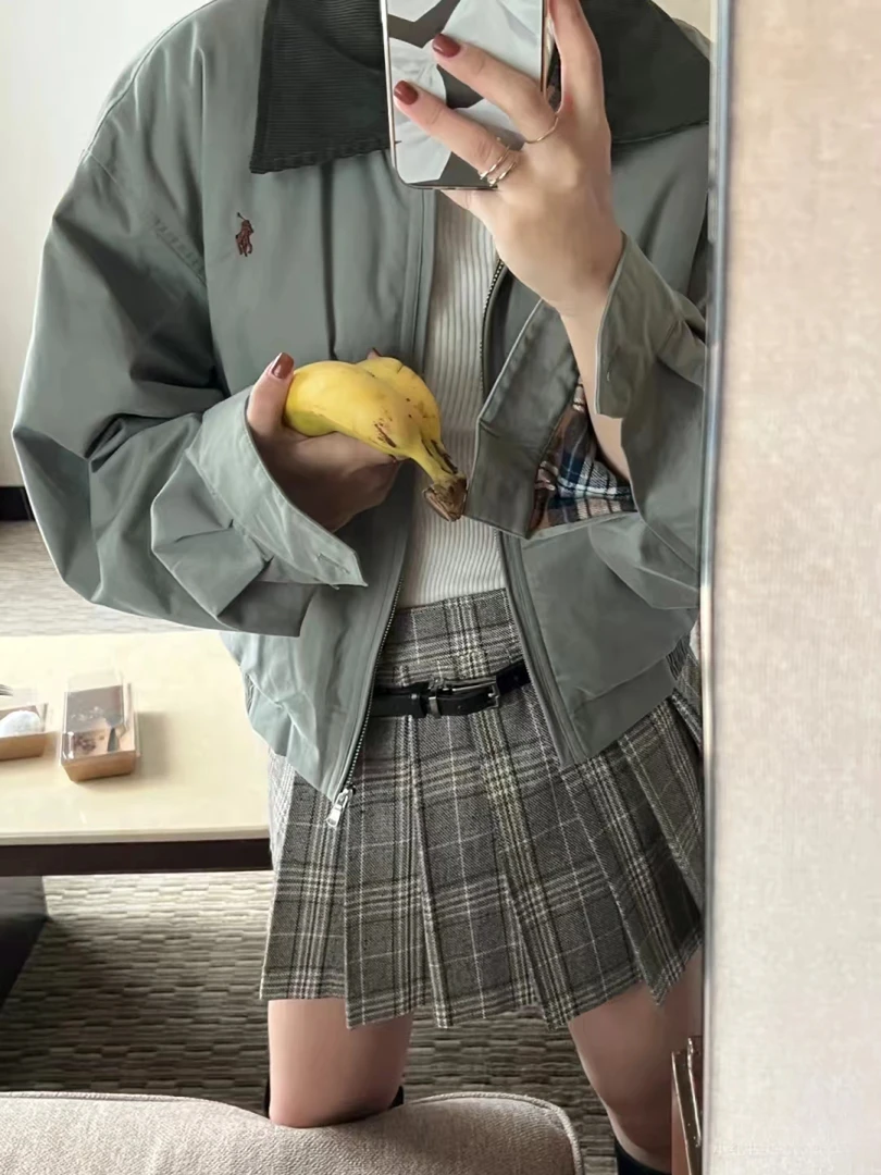 经典美式复古短外套校园ins夹克女时尚秋冬小马刺绣灯芯绒翻领