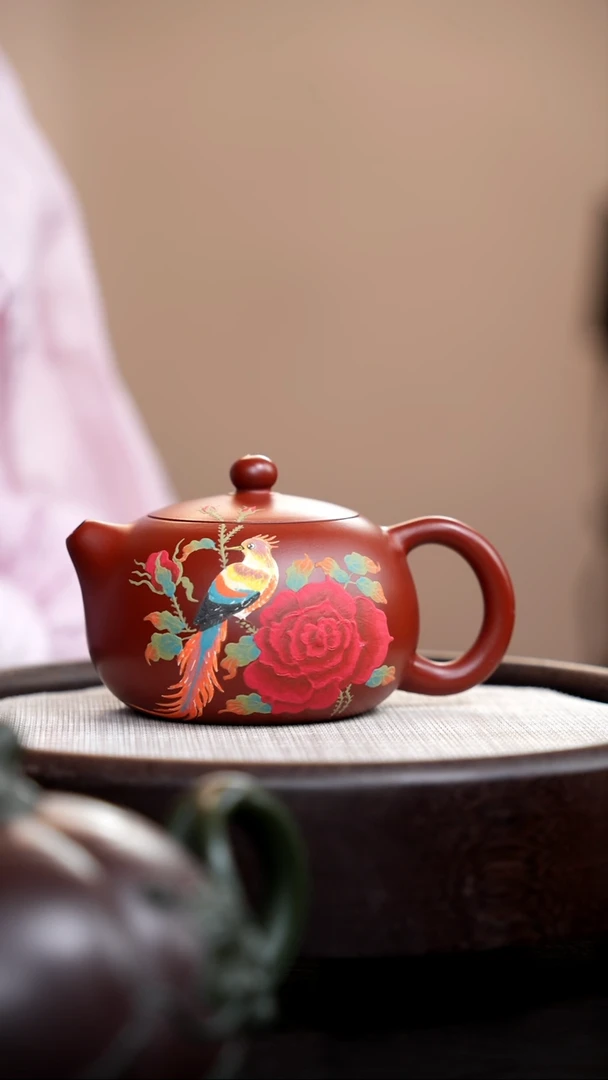 茶壶紫砂朱泥西施泥绘月季