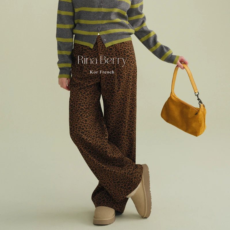 Rina Berry 豹纹休闲灯芯绒裤子