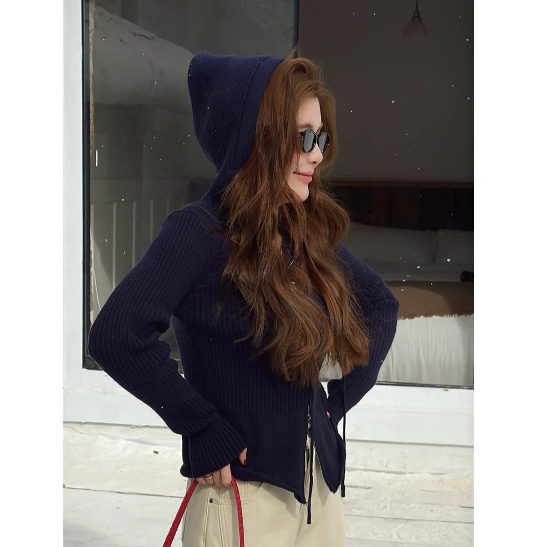 YPP!【活力满格】韩系慵懒感修身显瘦双拉链连帽长袖针织上衣