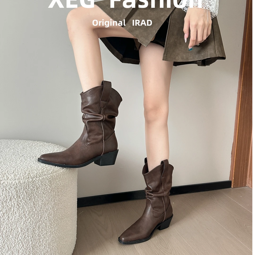 CBMT高跟法式筒靴尖头细跟中筒英伦复古短靴时装靴百搭粗跟