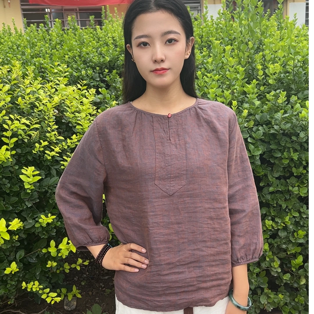 夏季宽松女装高级汉麻36色织纯色上衣文艺复古七分袖百搭圆领T恤