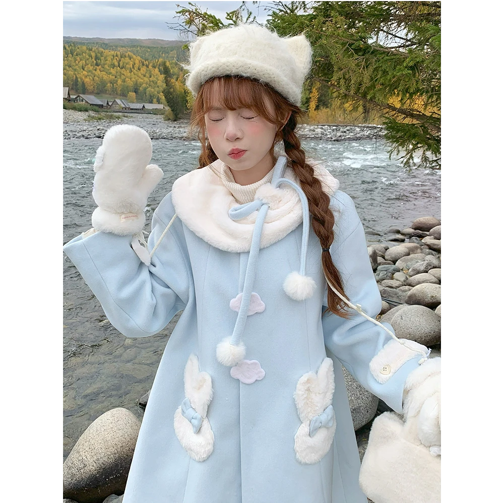 雪顶精灵 2025新款甜美软乎乎蝴蝶结圆领毛球蓝色小兔子毛呢外套