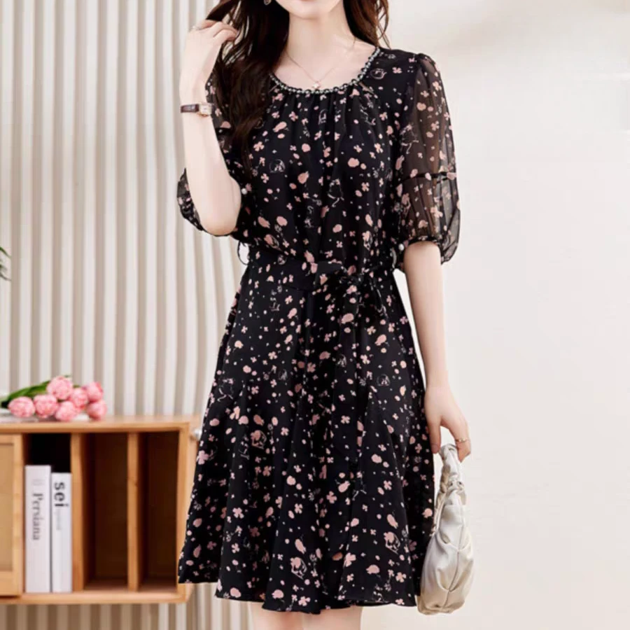 T2102碎花夏季新款气质收腰显瘦小个子圆领短袖D9