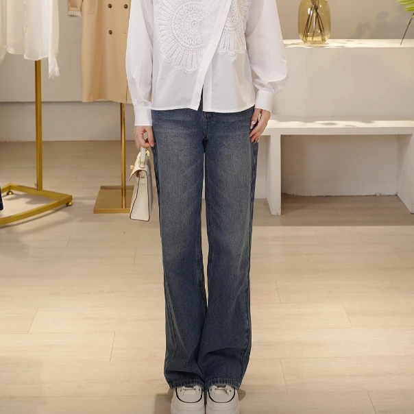 时尚套装设计师直筒裤美式复古风长裤女装高腰牛仔裤QIU0A2772