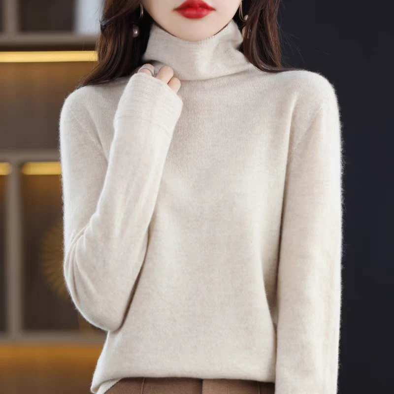 一线成衣羊毛衫女100纯羊毛长袖秋冬堆堆领打底衫宽松高领针织衫