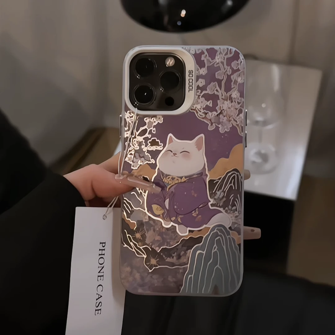 紫色花朵猫咪适用苹果16手机壳新款华为创意vivo高级小米oppo个性
