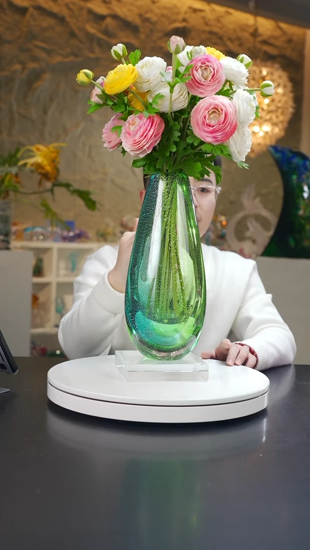 手工艺品琉璃宝石蓝绿银箔设计款花器