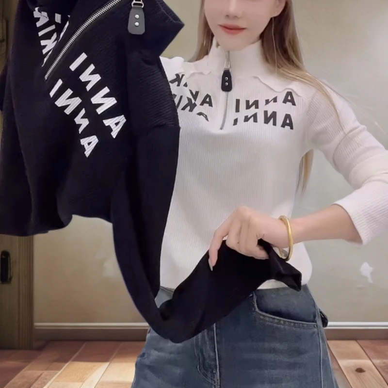 T恤女印花字母立领套头拉链网红长袖保暖抗皱休闲减龄百搭锁温女