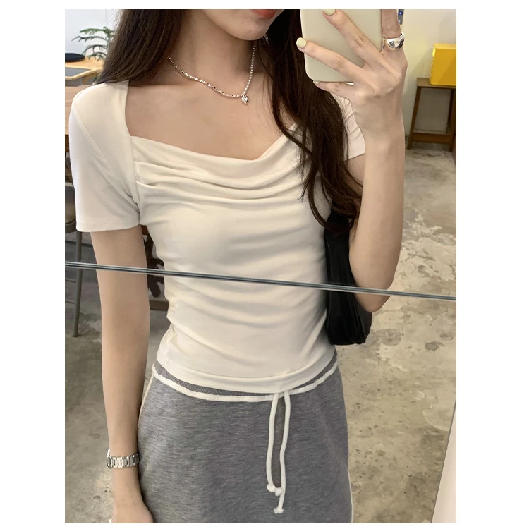 纯欲荡领方领短袖t恤女设计感小众修身显瘦短款百搭正肩上衣夏季