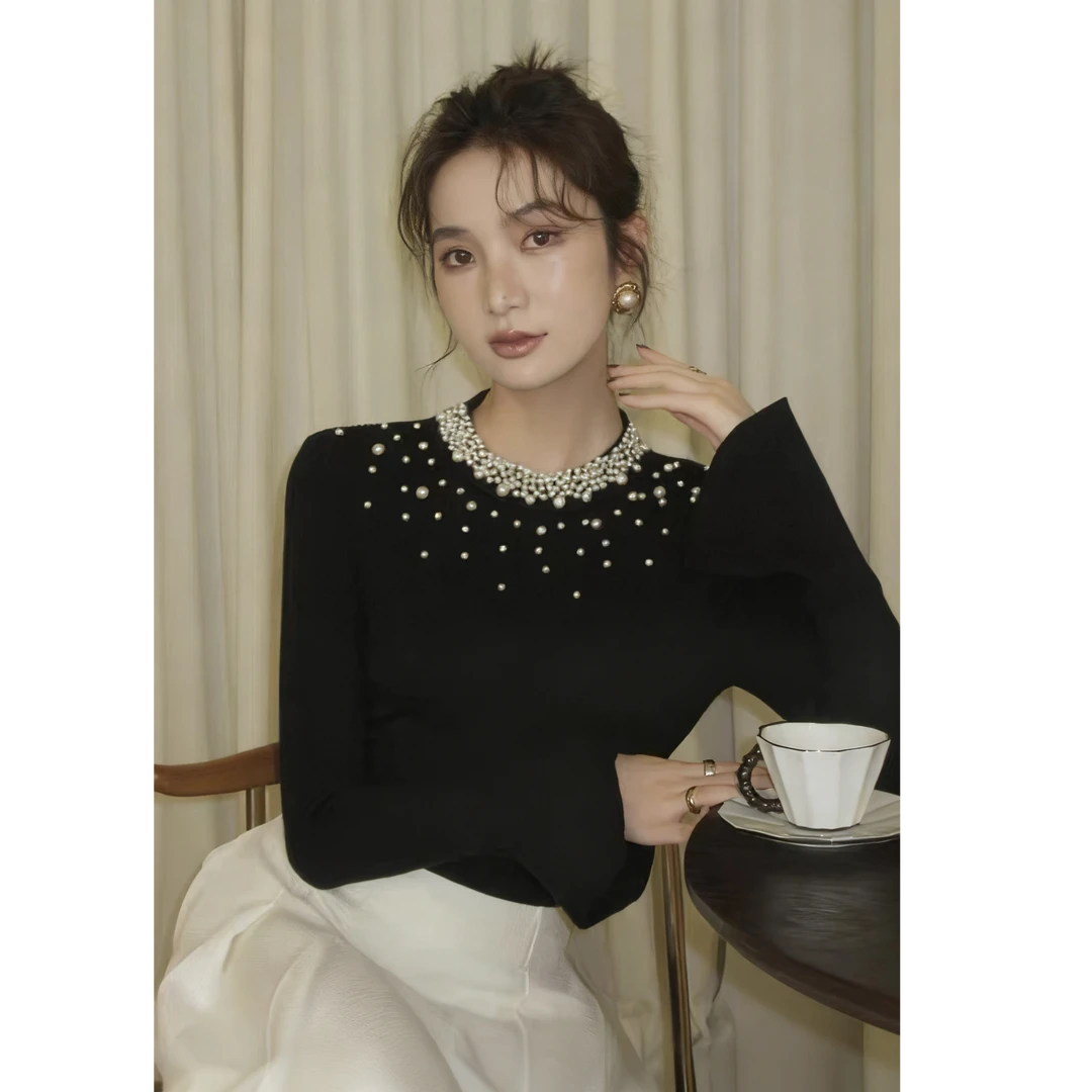 法式轻奢名媛风千金珍珠毛衣新款气质喇叭袖修身针织衫9263#