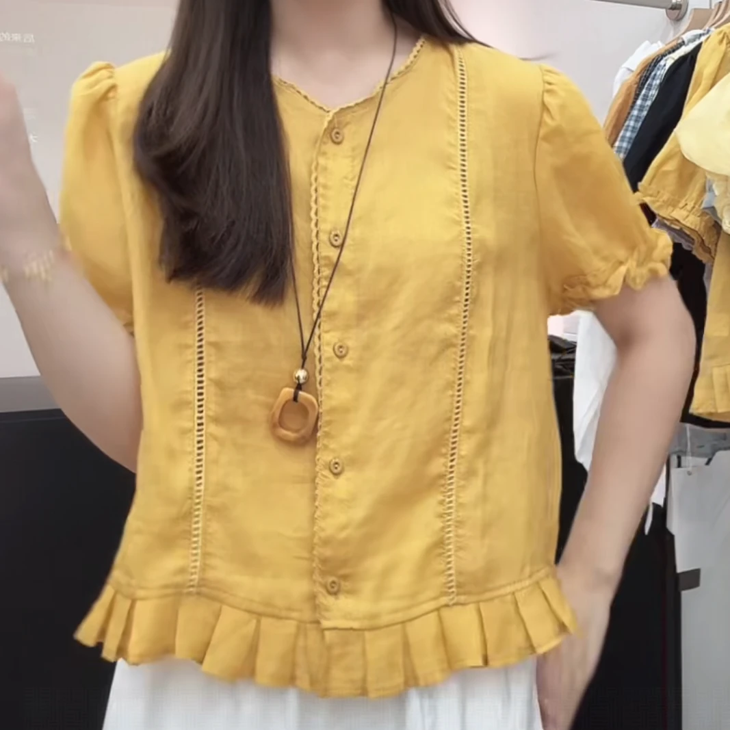 法式设计感荷叶下摆短袖衬衫女2025夏季新款小众气质宽松通勤上衣