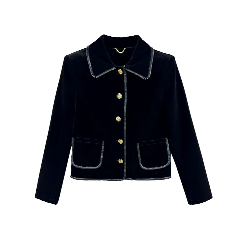 RainieQing【巴赫旧章】轻奢大牌拼皮黑金配色正肩膀外套女