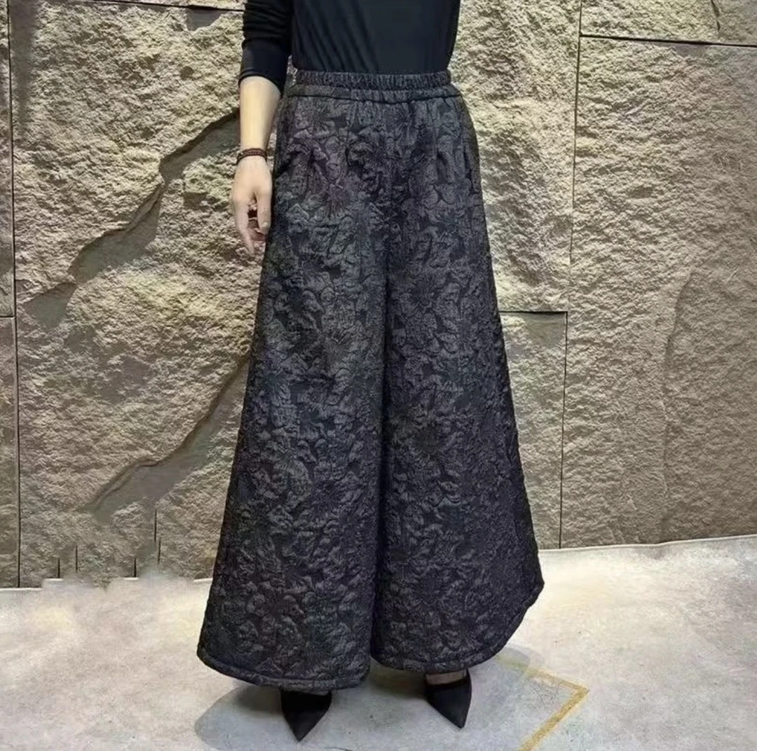688/直筒时尚时尚网红休闲百搭黑色复古国风中式提花阔腿裤宽松