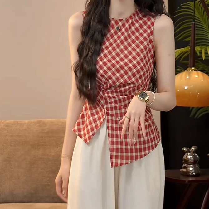 【红格绮梦】夏季新款红色格子设计感显瘦衬衫女