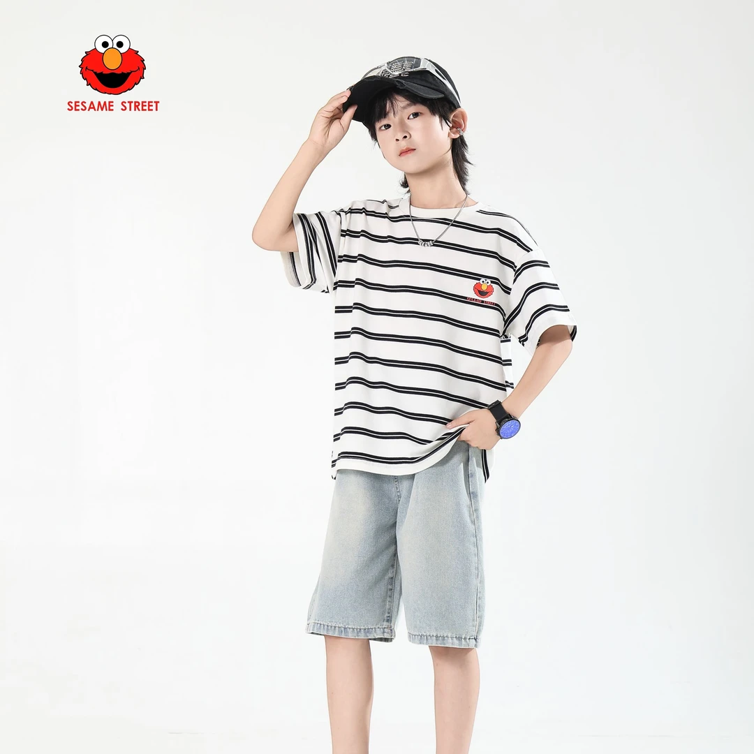 芝麻街短袖夏季男童中性T恤夏装圆领条纹休闲儿童纯棉透气短袖