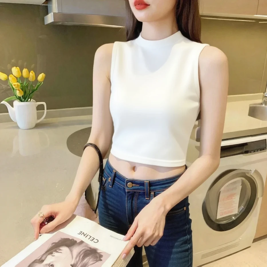 韩版黑色半高领无袖背心女2025新款夏季显瘦短款露脐辣妹外穿上衣