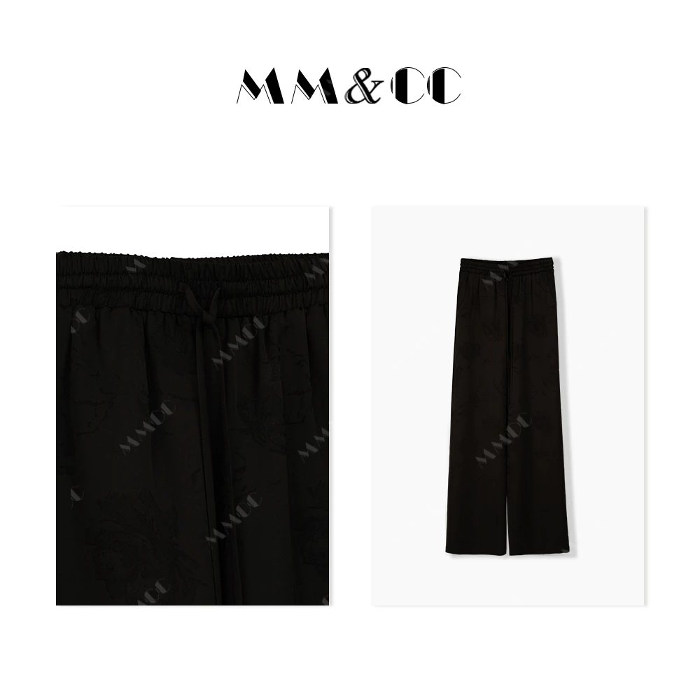 仫赐【听夏】新中式阔腿裤子女春夏国风印花高腰直筒拖地裤F9185