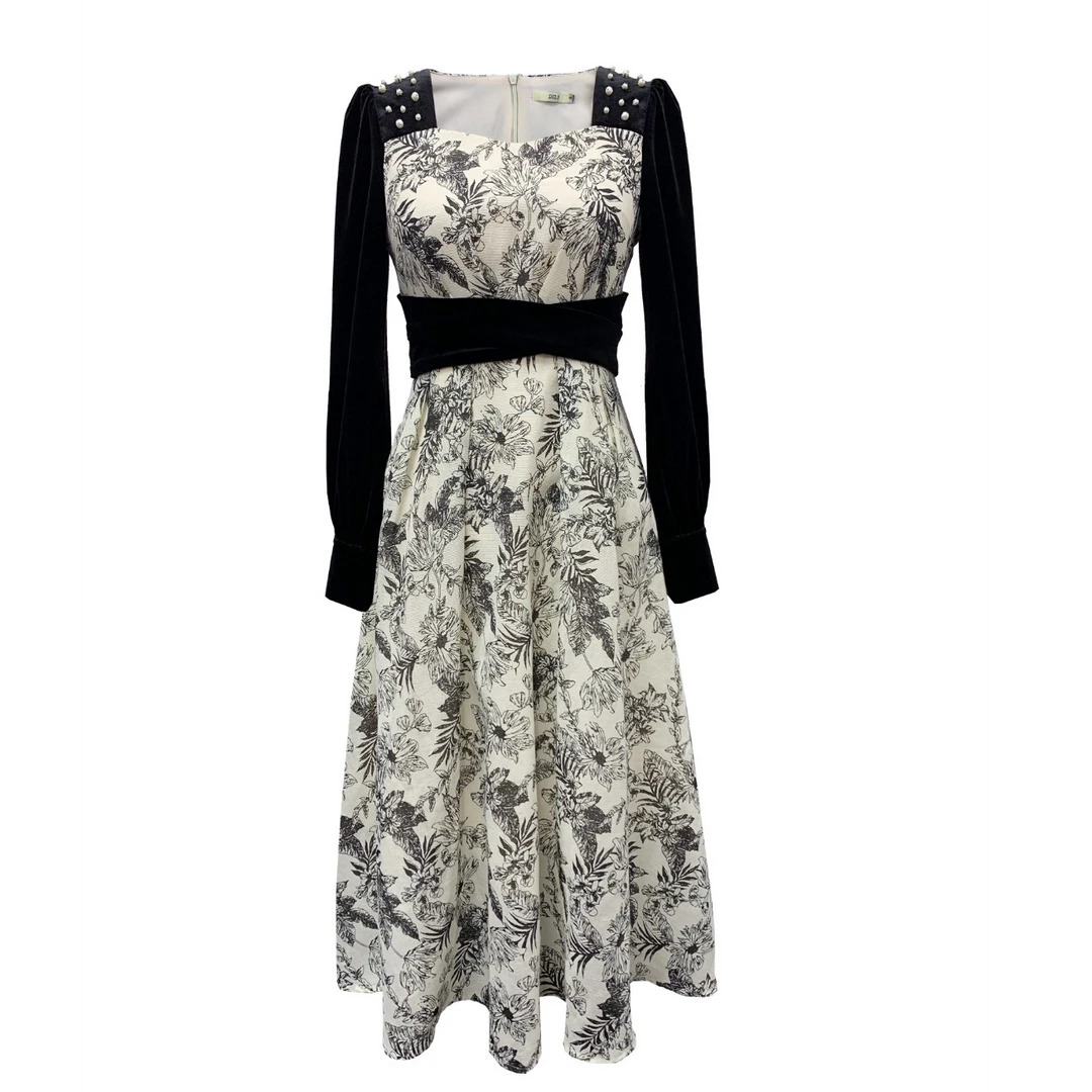 DILI中长裙方领碎花夏天连衣裙轻奢春季法式拼接长袖323434607