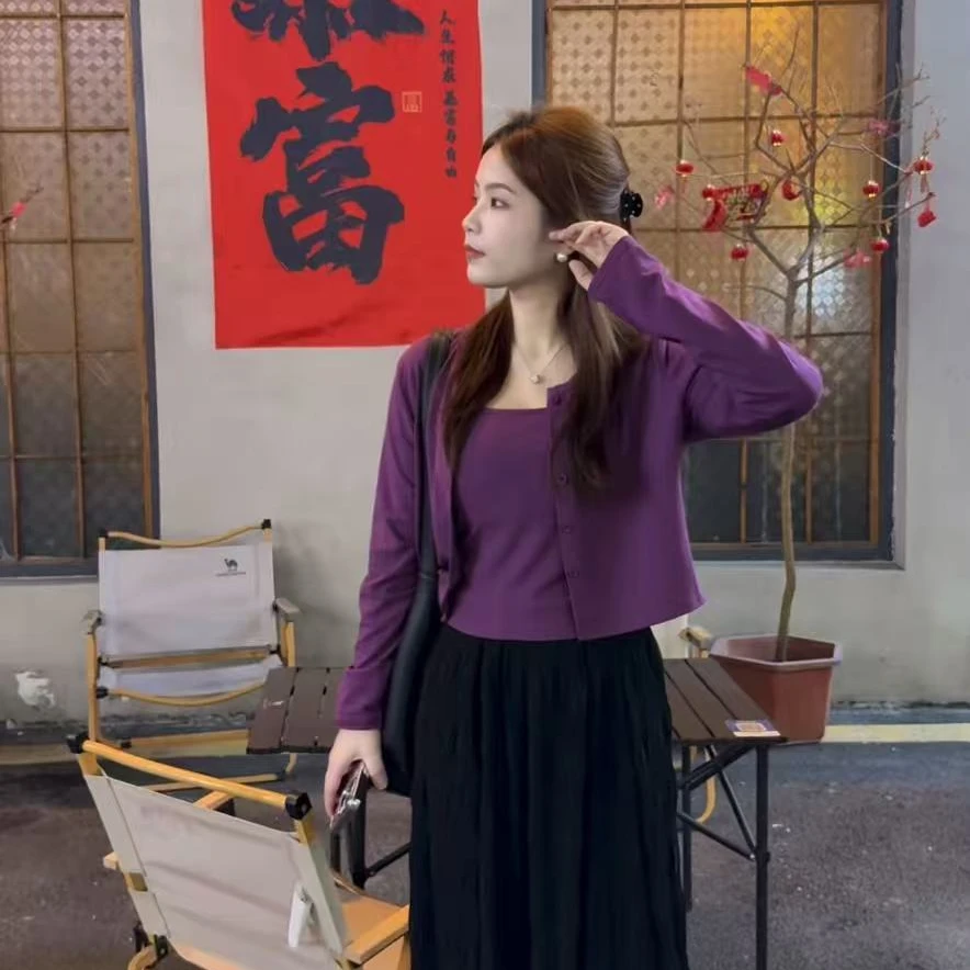 韩系紫色吊带背心针织开衫小个子短款修身上衣两件套装女春季