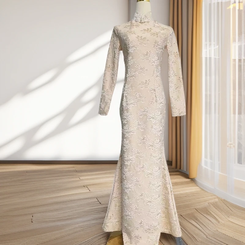 2501缘织裳旗袍原创自制丝绒压花面料春季新款鱼尾裙