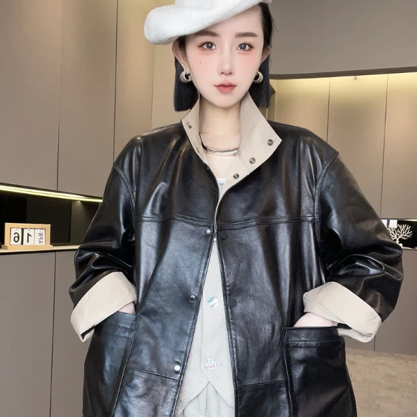 皮衣女2025春季新款宽松绵羊皮长袖立领外套中长款皮夹克长袖上衣
