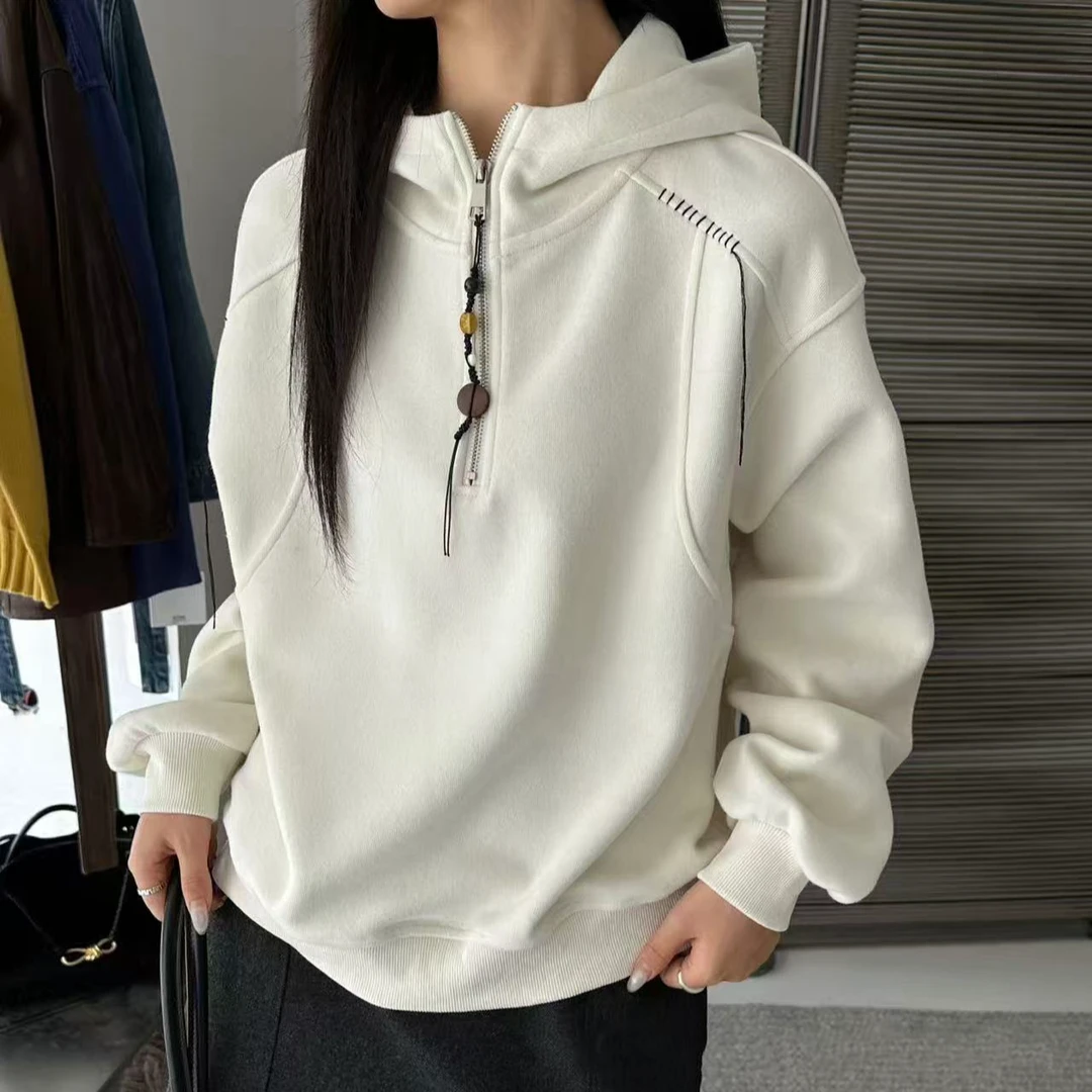 新款气质休闲简约纯色连帽半拉链长袖卫衣L88571