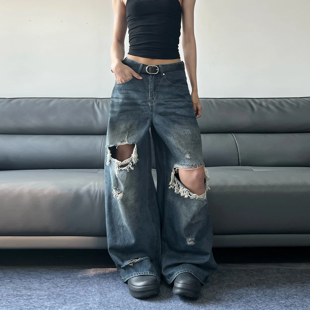 JADEQILIN原创美式复古水洗做旧大破洞阔腿牛仔裤小众高街百搭裤