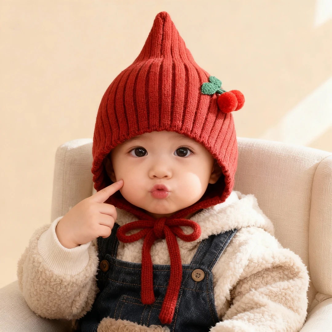 ins风简约婴幼儿针织包头帽秋季宝宝毛线护耳帽子春秋款法式