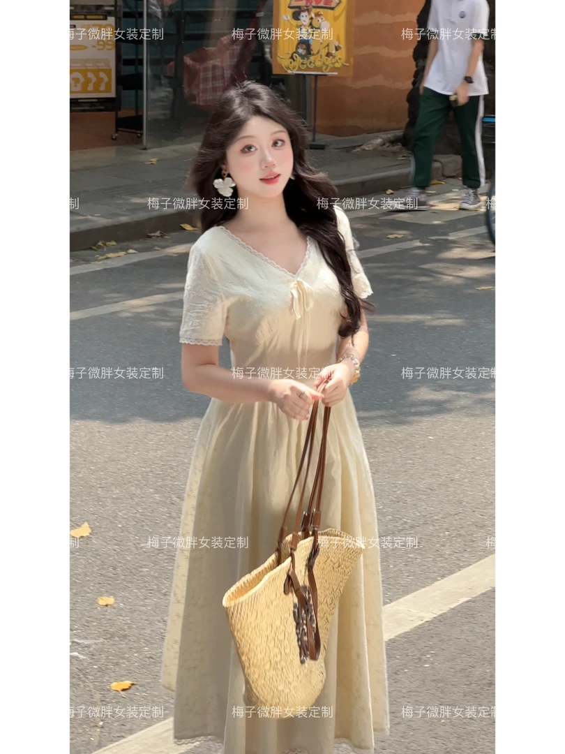 【夏日铃兰】大码微胖显瘦蕾丝拼接长裙时尚法式气质温柔提花连衣裙