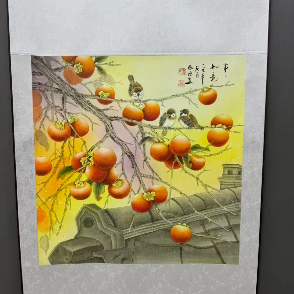 斗方《柿柿如意》软装裱卷轴成品包邮到家