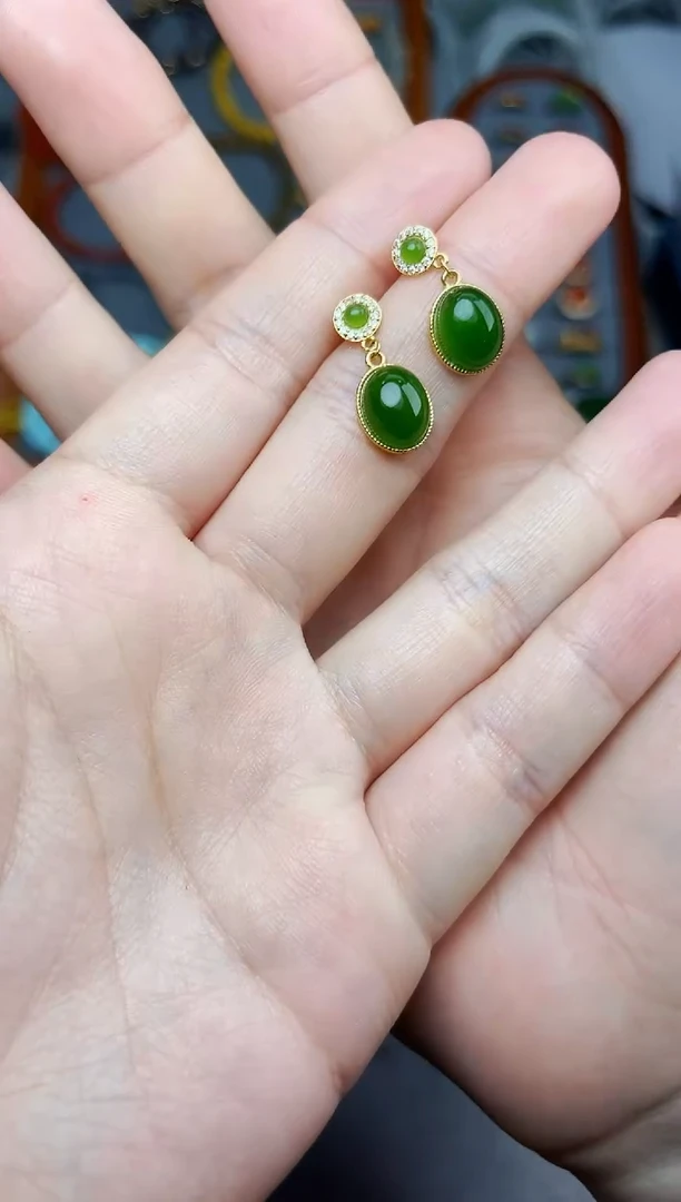 银S925镶嵌和田玉耳饰碧玉耳钉06