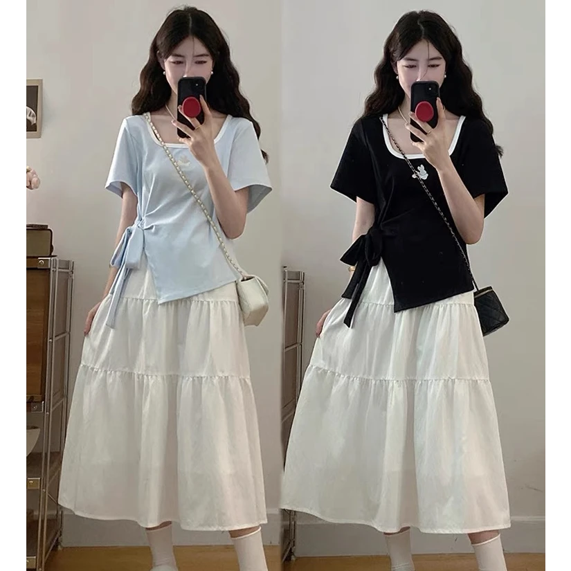 大码胖mm夏季新款侧面绑带方领撞色上衣遮肉显瘦半身裙时尚套装女