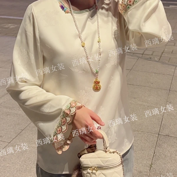 【彩鳞】春季新中式米白色国风打底衫缎面衬衫女衬衣长袖中国风气质