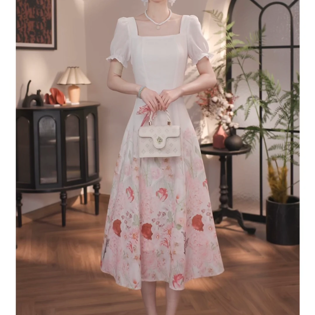 Meika - 法式复古水墨画压花夏季赫本风精致连衣裙-52878F