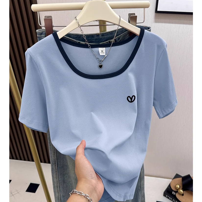 2025新款方领撞色正肩短袖t恤女士设计感小众漏锁骨洋气上衣夏季