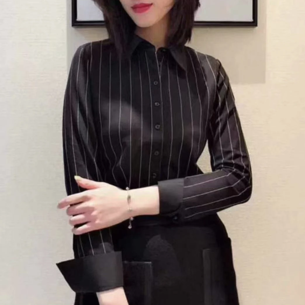 不支持退换黑色条纹弹力棉衬衫显瘦气质衬衣长袖时尚休闲百搭女士