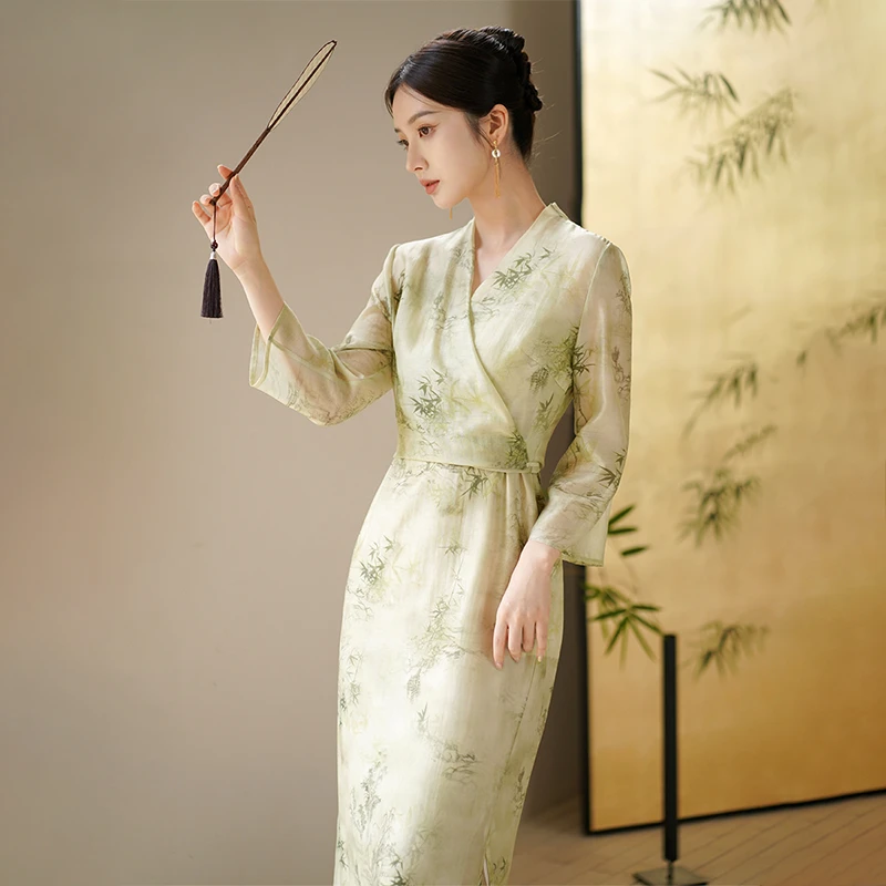 初蝉衣事「烟雨」新中式连衣裙女国风外披上衣吊带裙套装0121-N