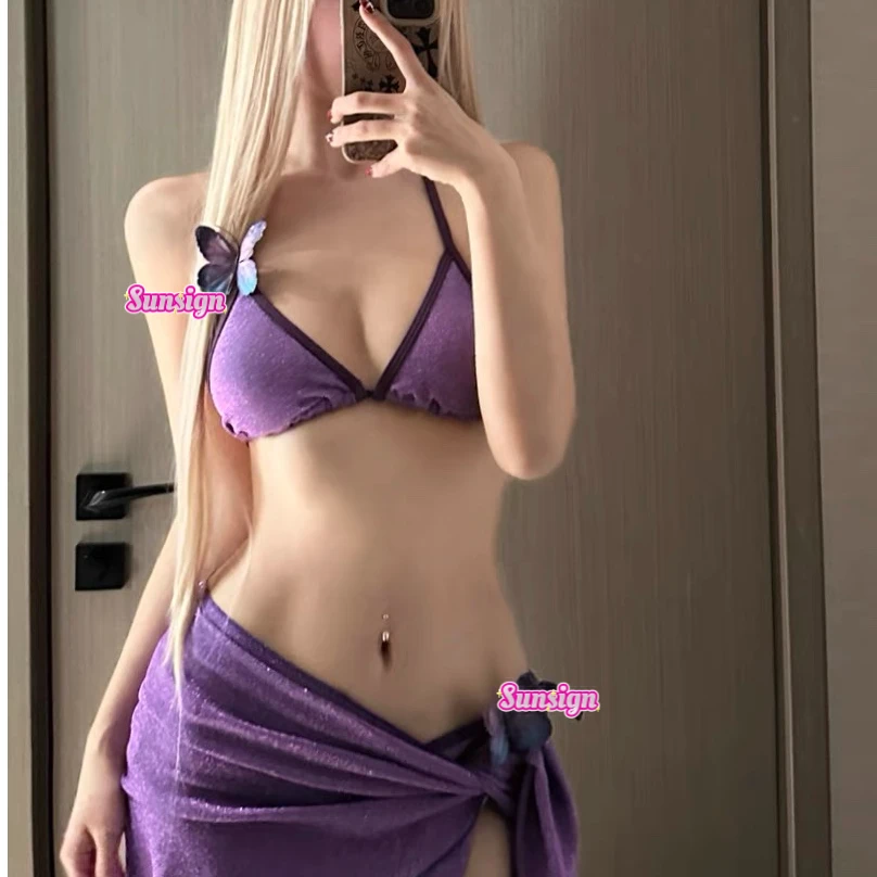 Sun【紫蝶】比基尼泳衣女温泉性感纯欲高级感蝴蝶裹裙海边度假聚拢