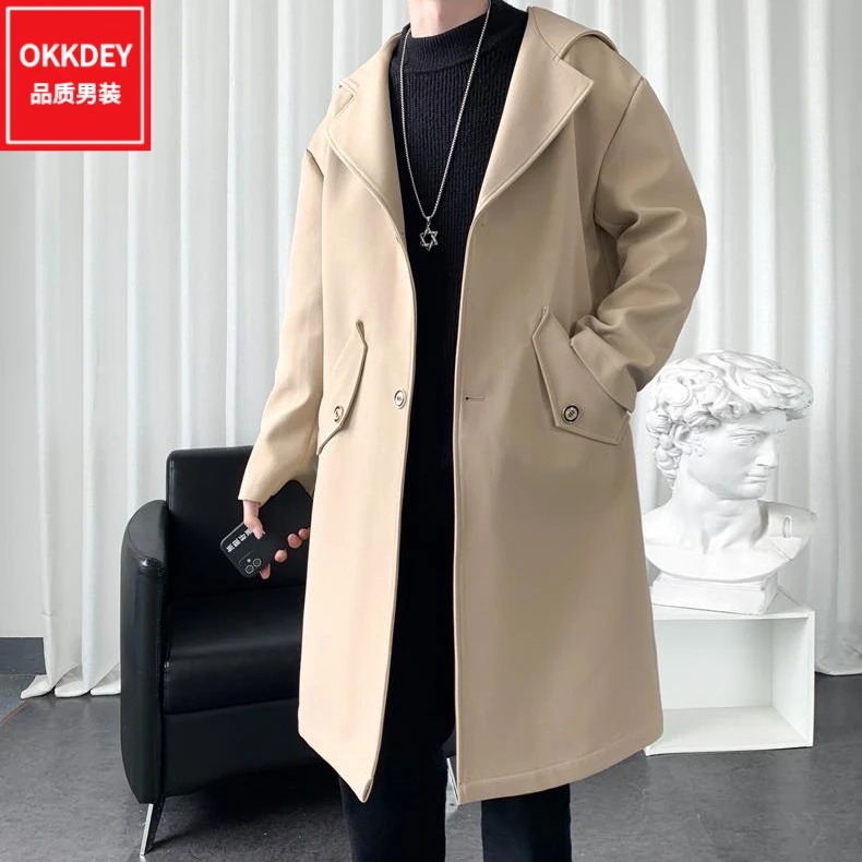 春秋季男士中长款风衣外套高端轻奢男装韩版潮流休闲连帽长袖大衣