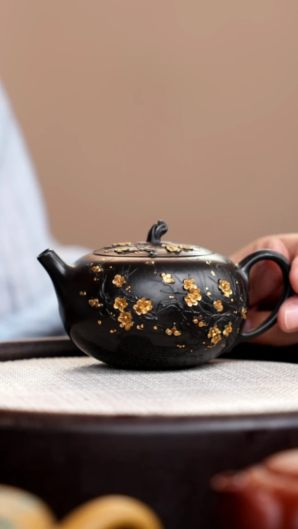 茶壶紫砂捂灰朱泥描金梅花苹果壶