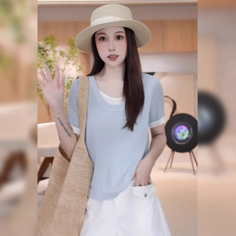 拼接撞色假两件冰丝短袖针织衫女夏季宽松独特漂亮温柔风韩系上衣