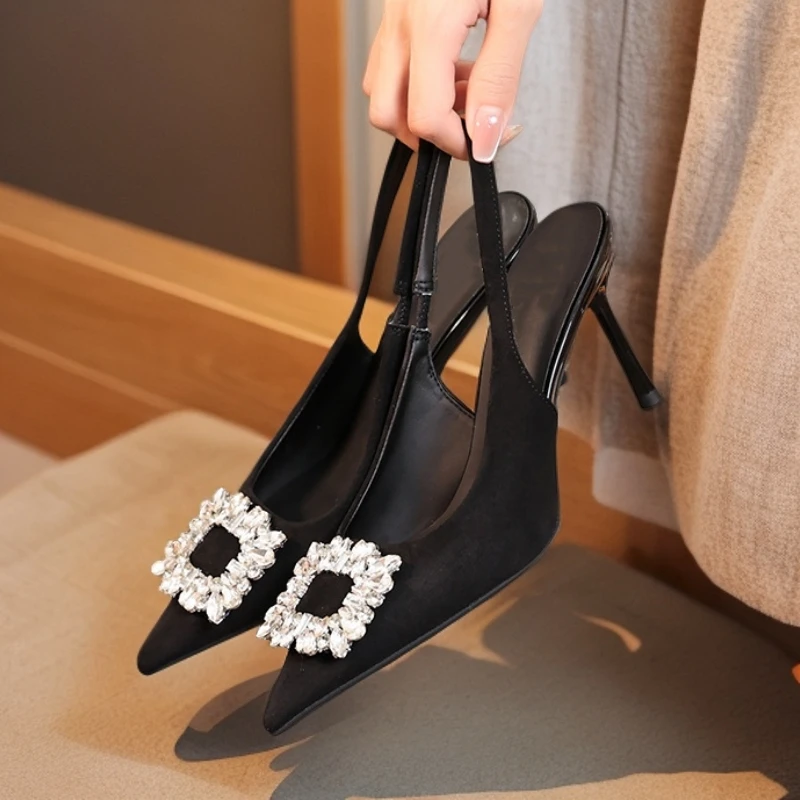 2026春夏黑色绒面一字带中空后空凉鞋细跟百搭气质宴会尖头高跟鞋