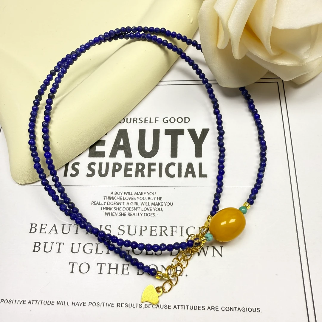 天然青金石项链蜜蜡百搭高级轻奢小米珠锁骨链