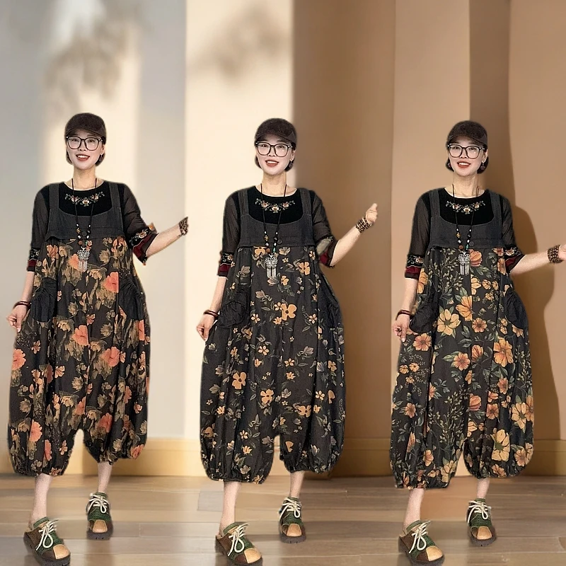 夏季薄款印花牛仔背带裙裤复古休闲时尚碎花大码宽松显瘦连体衣女