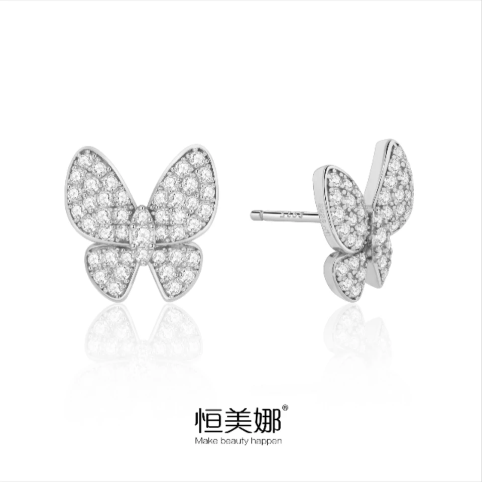 恒美娜 925银莫桑石耳饰 蝴蝶满镶耳钉精致浪漫甜美气质