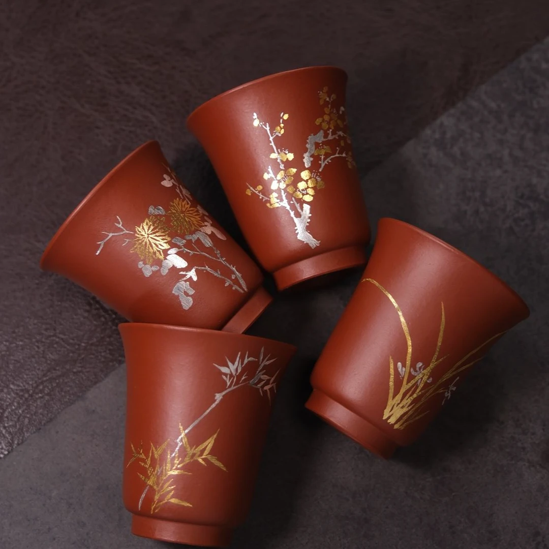 静心 | 四君子 金银绘 套杯 60cc 朱泥 高端精品主人客杯