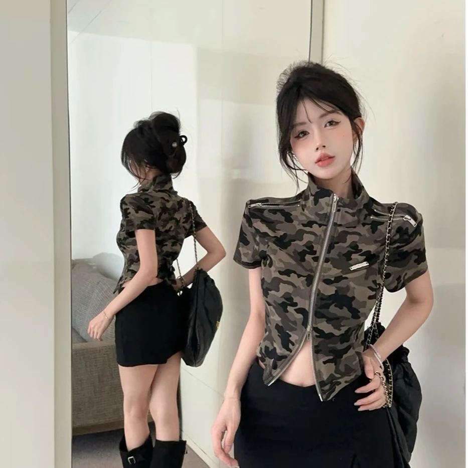 不规则迷彩正肩短袖t恤女夏季美式辣妹短款上衣设计感小众半袖