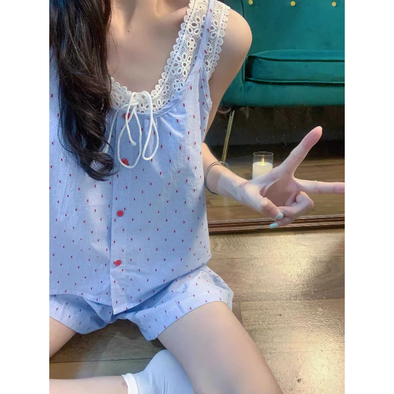 ins甜美波点吊带睡衣女款夏季蕾丝花边背心短裤家居服套装可外穿